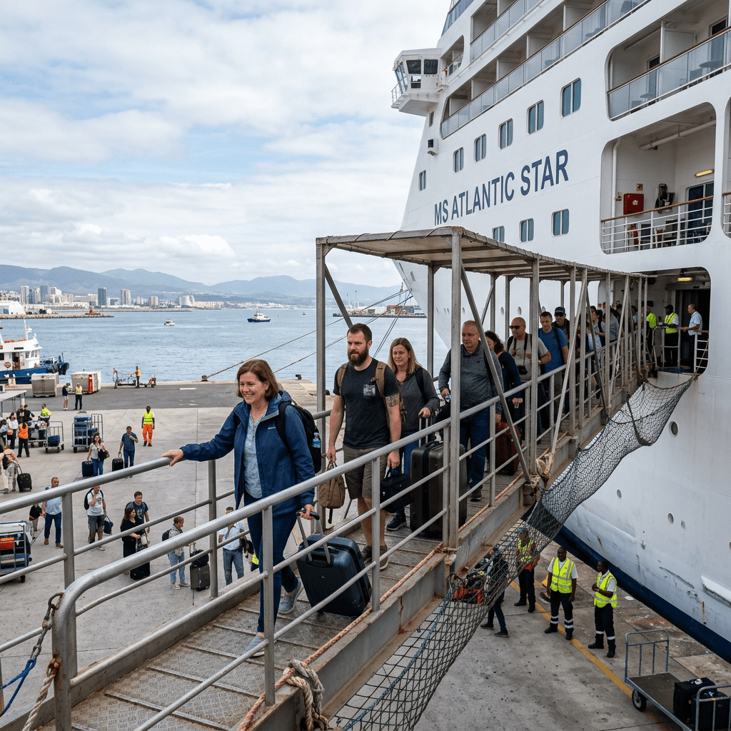 Groups of passengers walking down gangway from the cruise ship MS Atlantic Star carrying luggage
