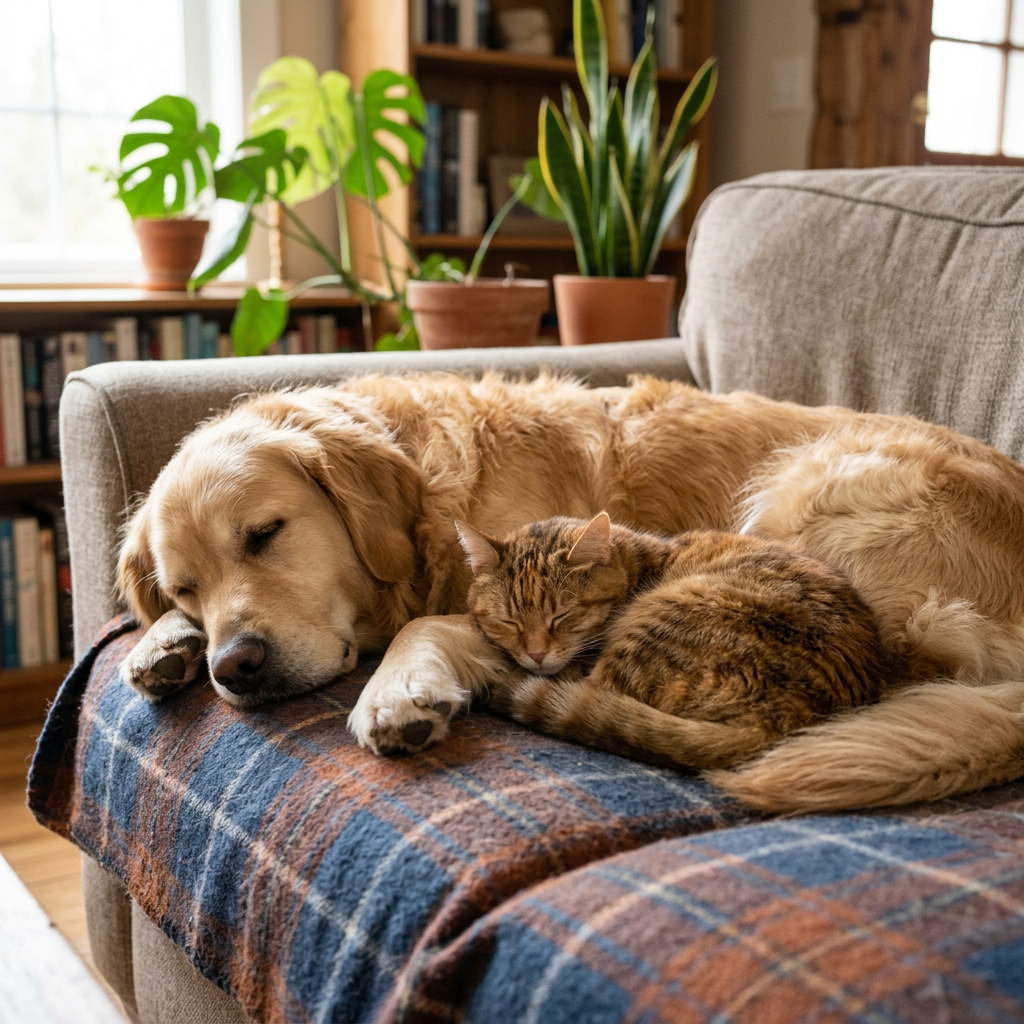 Golden retriever and tabby cat sleeping curled up together on couch covered with blue and brown plaid blanket