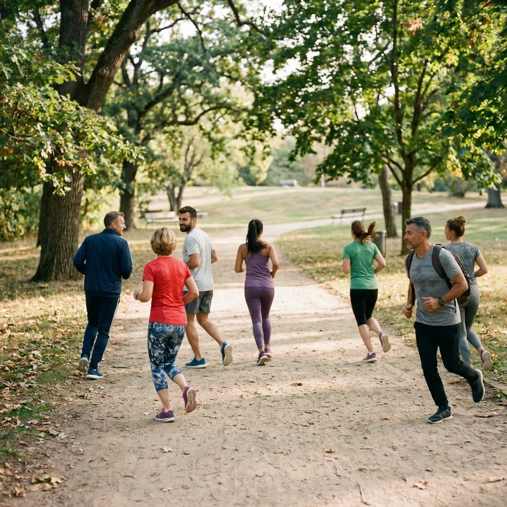 Six adults jogging on a dirt path surrounded by trees in a park