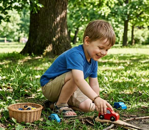 Young boy playing with wooden toy cars on grass near tree in park