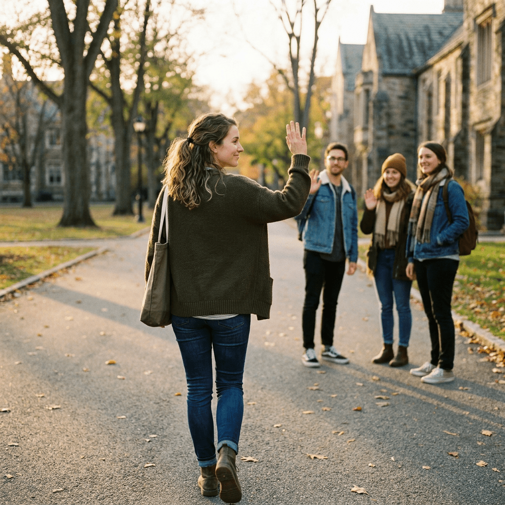 Four friends greeting each other on a tree-lined campus path