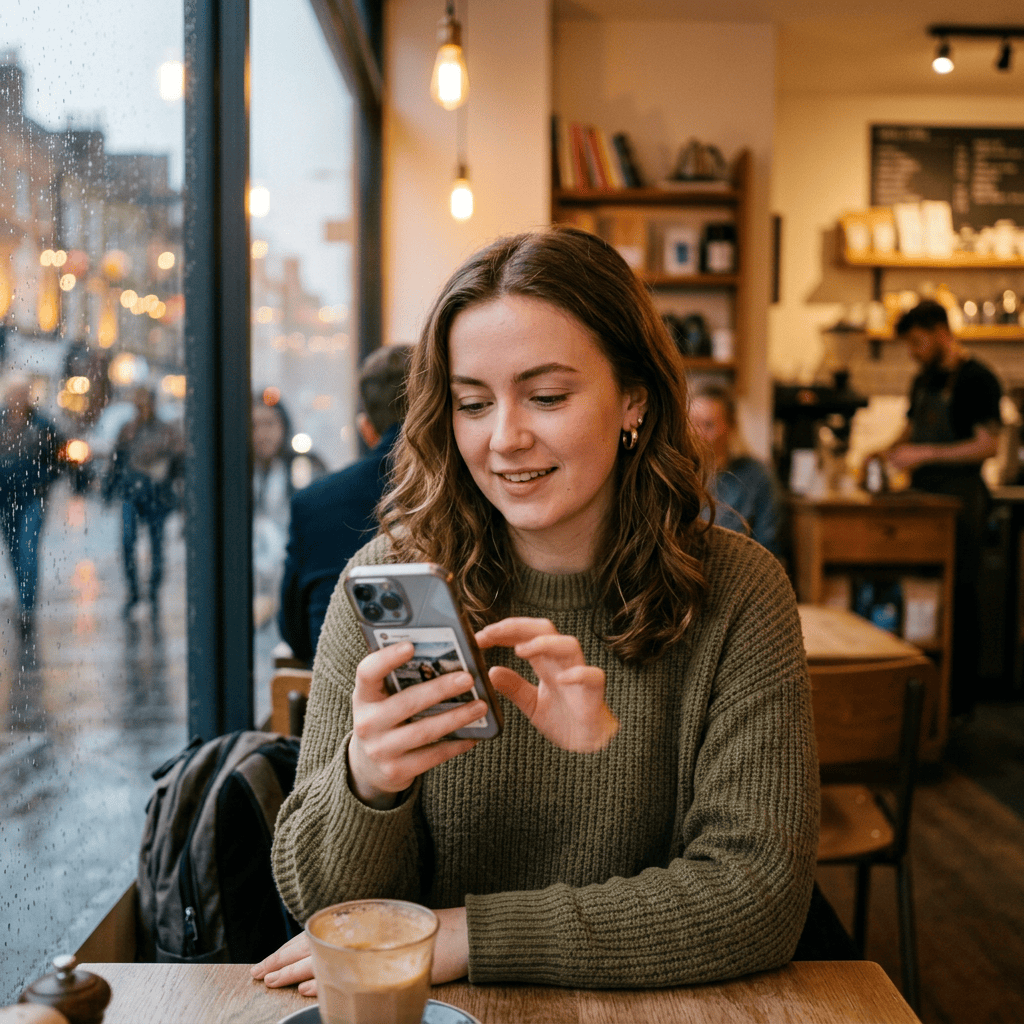 Woman checking her phone beside coffee in a rainy café